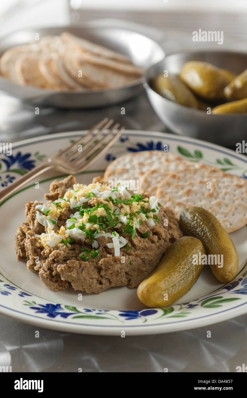 Chopped liver with matzo crackers and pickles Stock Photo Alamy