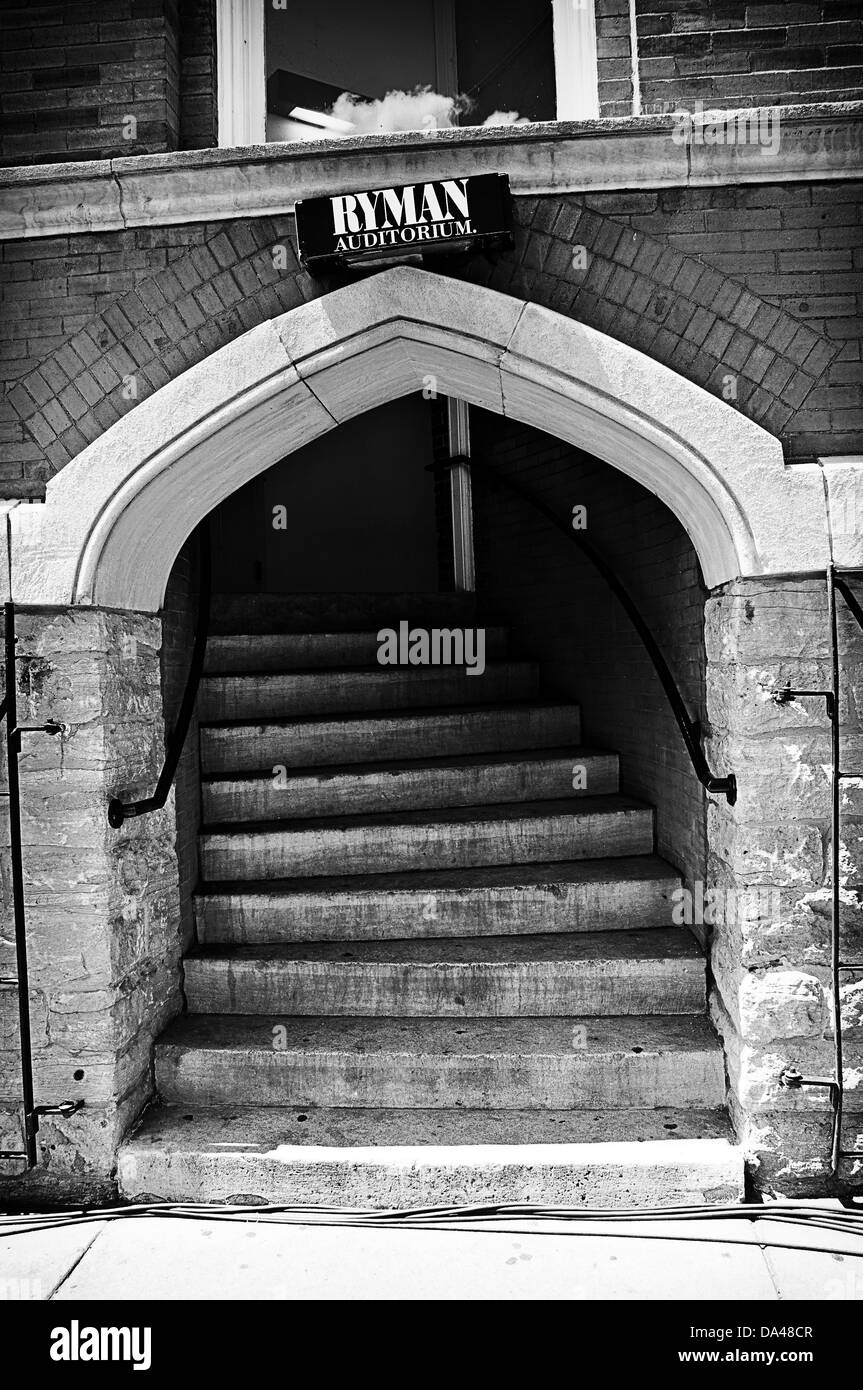 Black and white image of the back door at the Ryman Auditorium in Nashville, Tennessee. Stock Photo