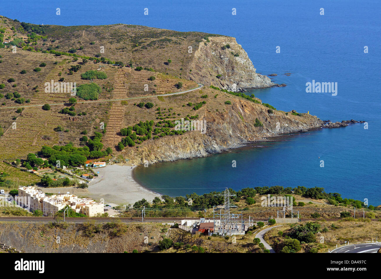 Aerial landscape over the Mediterranean cove of Peyrefite, Vermilion coast, Roussillon, France Stock Photo