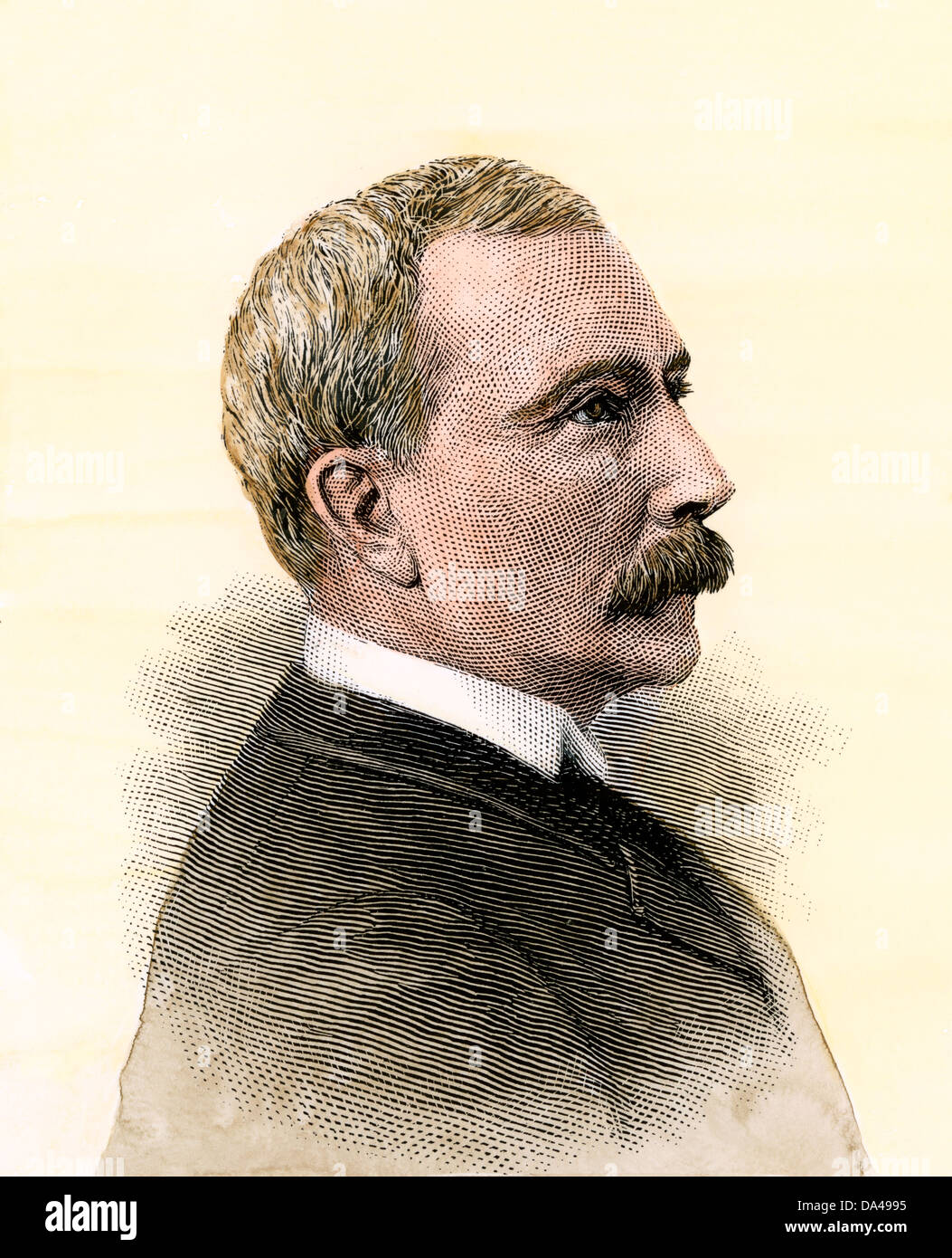 Portrait of John D. Rockefeller, 1880s. Hand-colored woodcut Stock Photo
