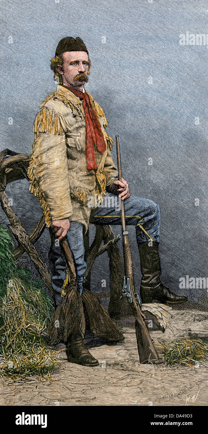 General Custer in his buckskin suit, worn with a sombrero added during his last battle, 1876. Hand-colored woodcut Stock Photo