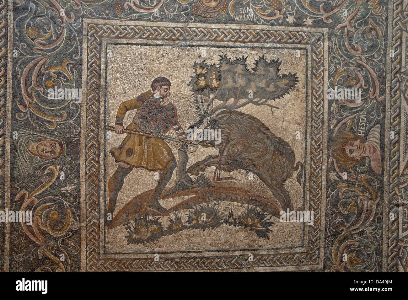 Roman mosaic from villa, hunting wild boar, National Museum of Roman Art, Merida, Extremadura, Spain Stock Photo