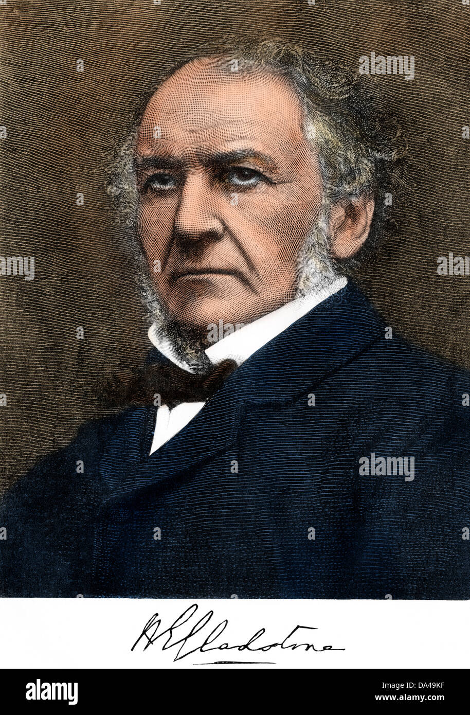 William Ewart Gladstone, with his signature. Digitally colored woodcut Stock Photo