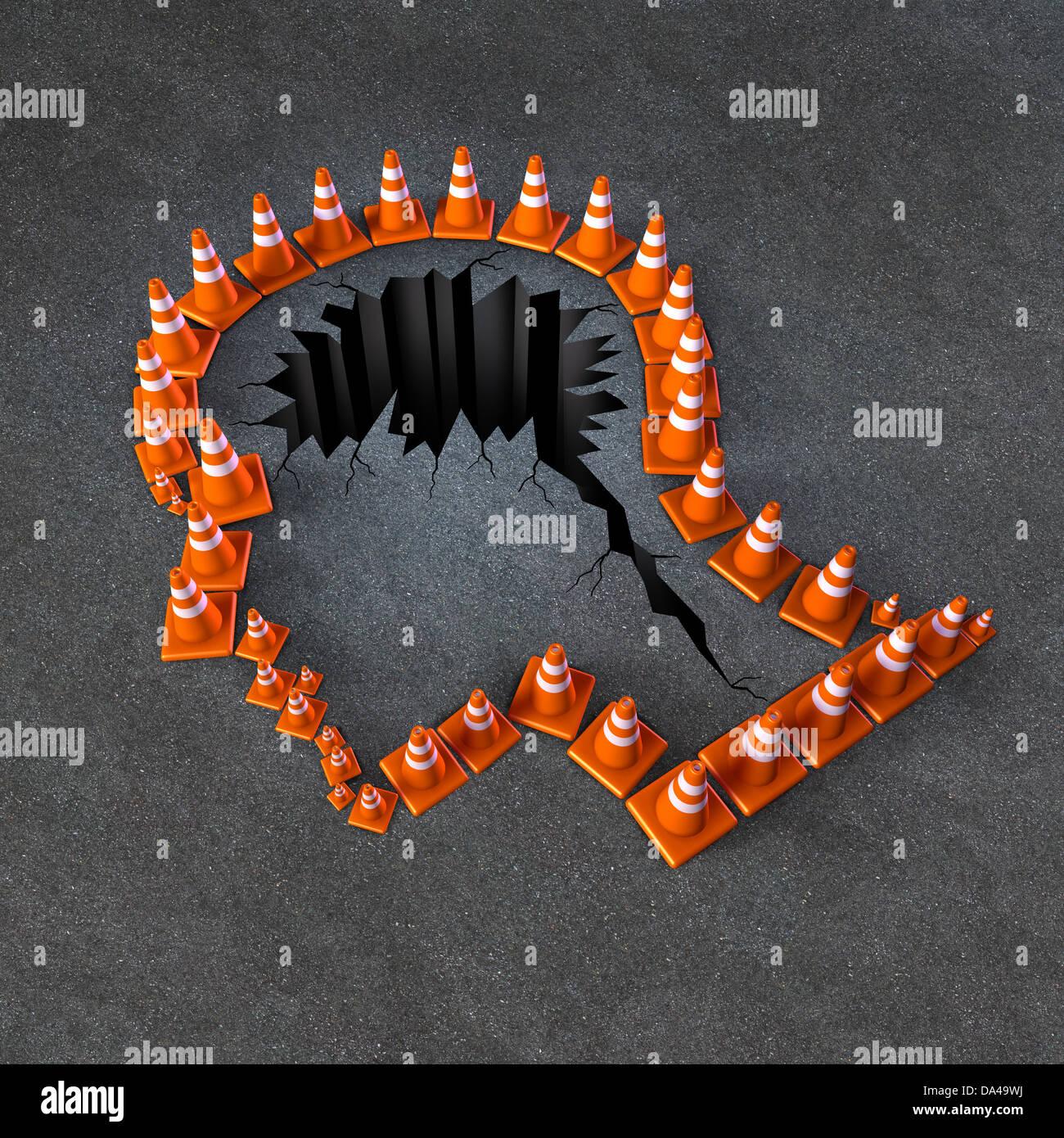 Brain therapy and memory damage medical concept with a group of warning orange traffic cones in the shape of a human head and the thinkinkg anatomy in the shape of a cracked broken hole in asphalt. Stock Photo
