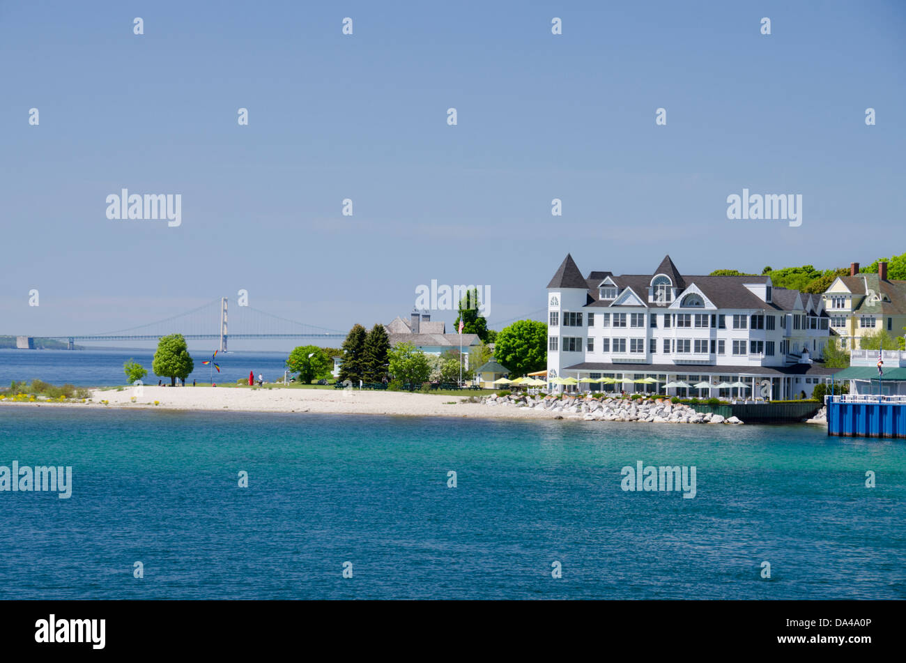 Michigan, Lake Huron, Mackinac Island. Waterfront beach view with