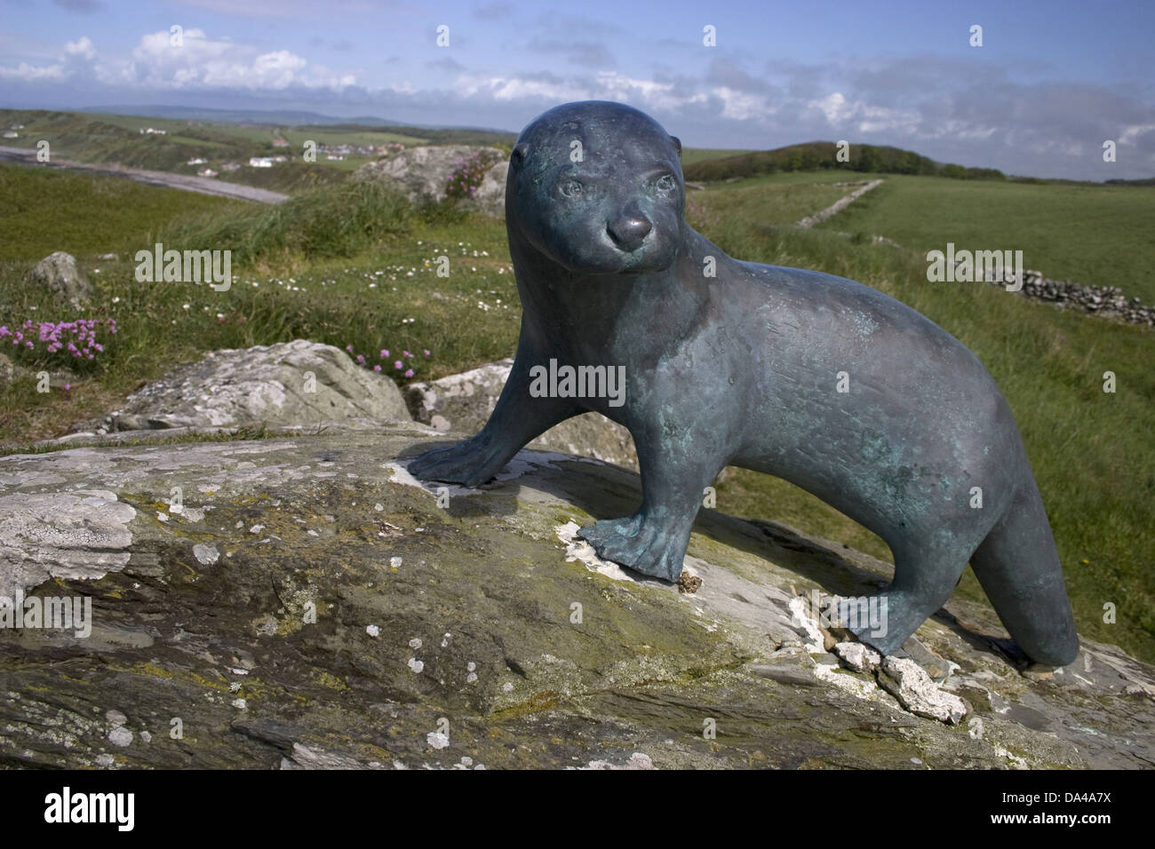 Bronze otter memorial erected in memory of Gavin Maxwell (author and naturalist) near Monreith Machars Wigtownshire Galloway Stock Photo