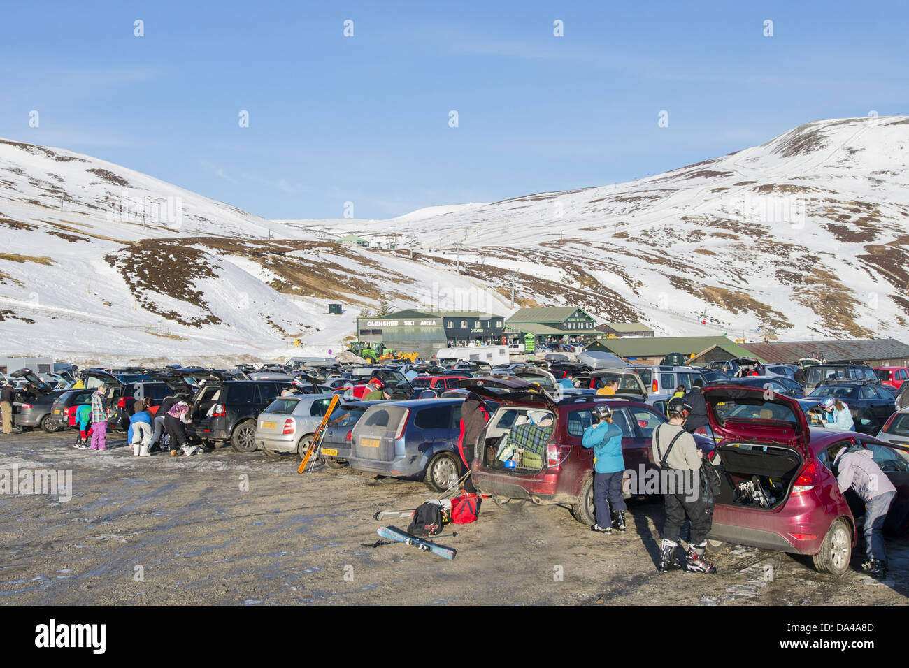 Ski resort carpark buildings and chairlift in snow Glenshee Ski Centre Grampian Mountains