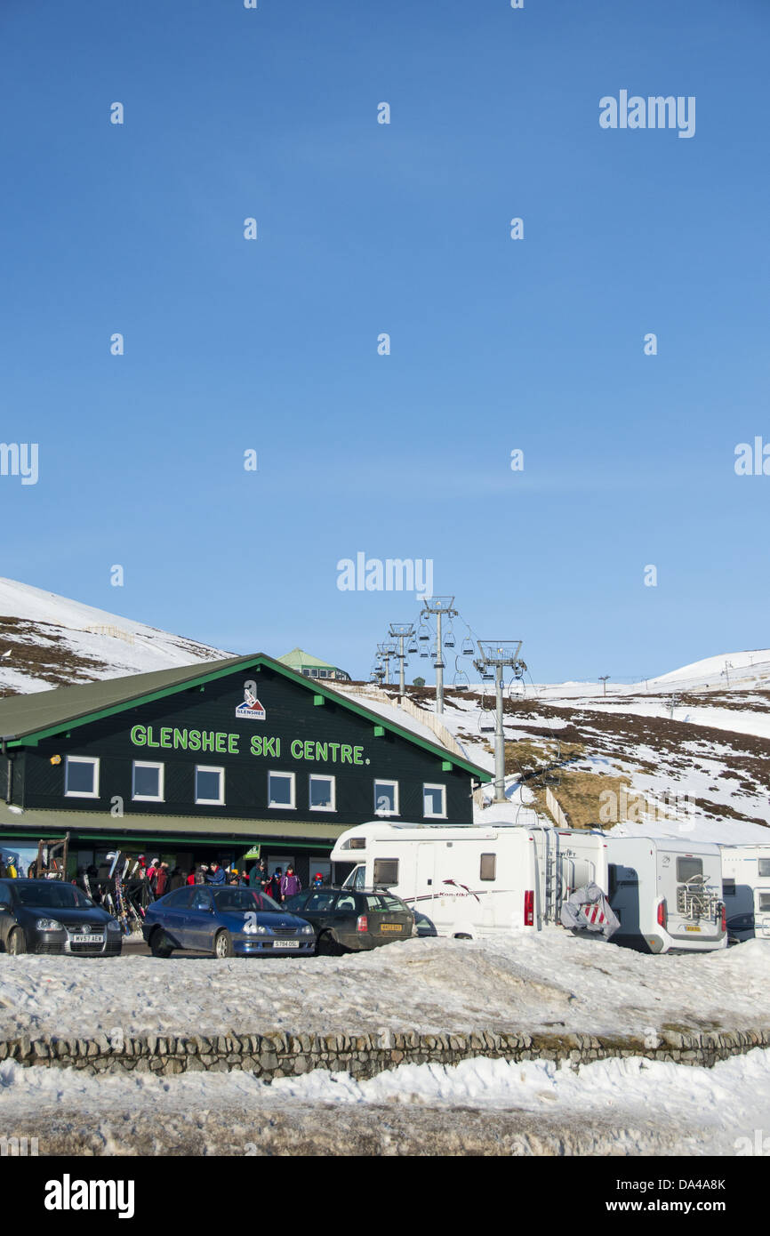 Ski resort carpark buildings and chairlift in snow Glenshee Ski Centre Grampian Mountains