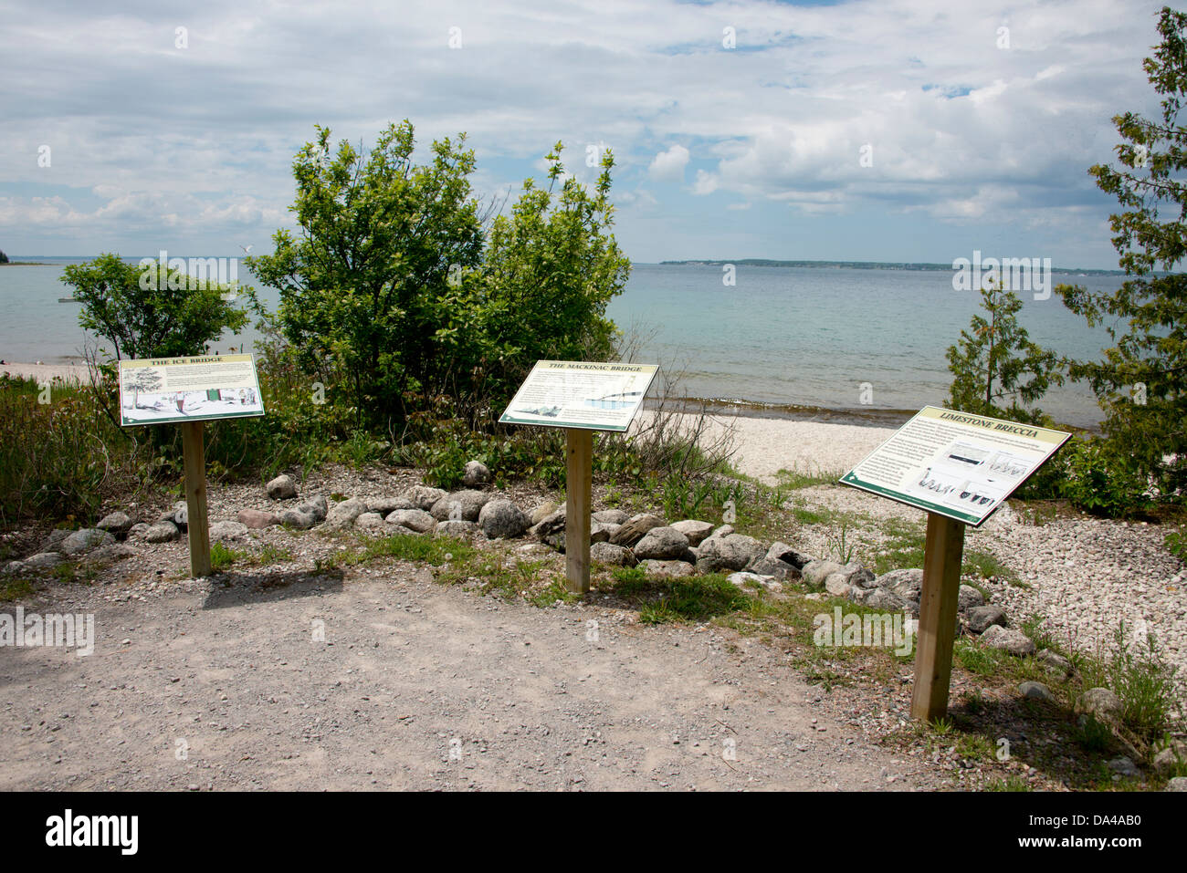 Michigan, Lake Huron, Mackinac. Mackinic Island State Park, British Landing. Ice Bridge signs