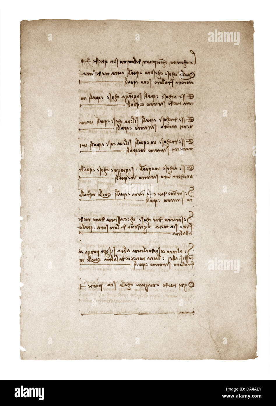 Old leaf of a paper with inscriptions by Leonardo Da Vinci Stock Photo