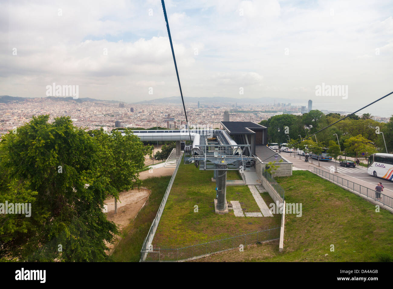 The Montjuic cable car leaving station al Mirador halfway up Stock ...