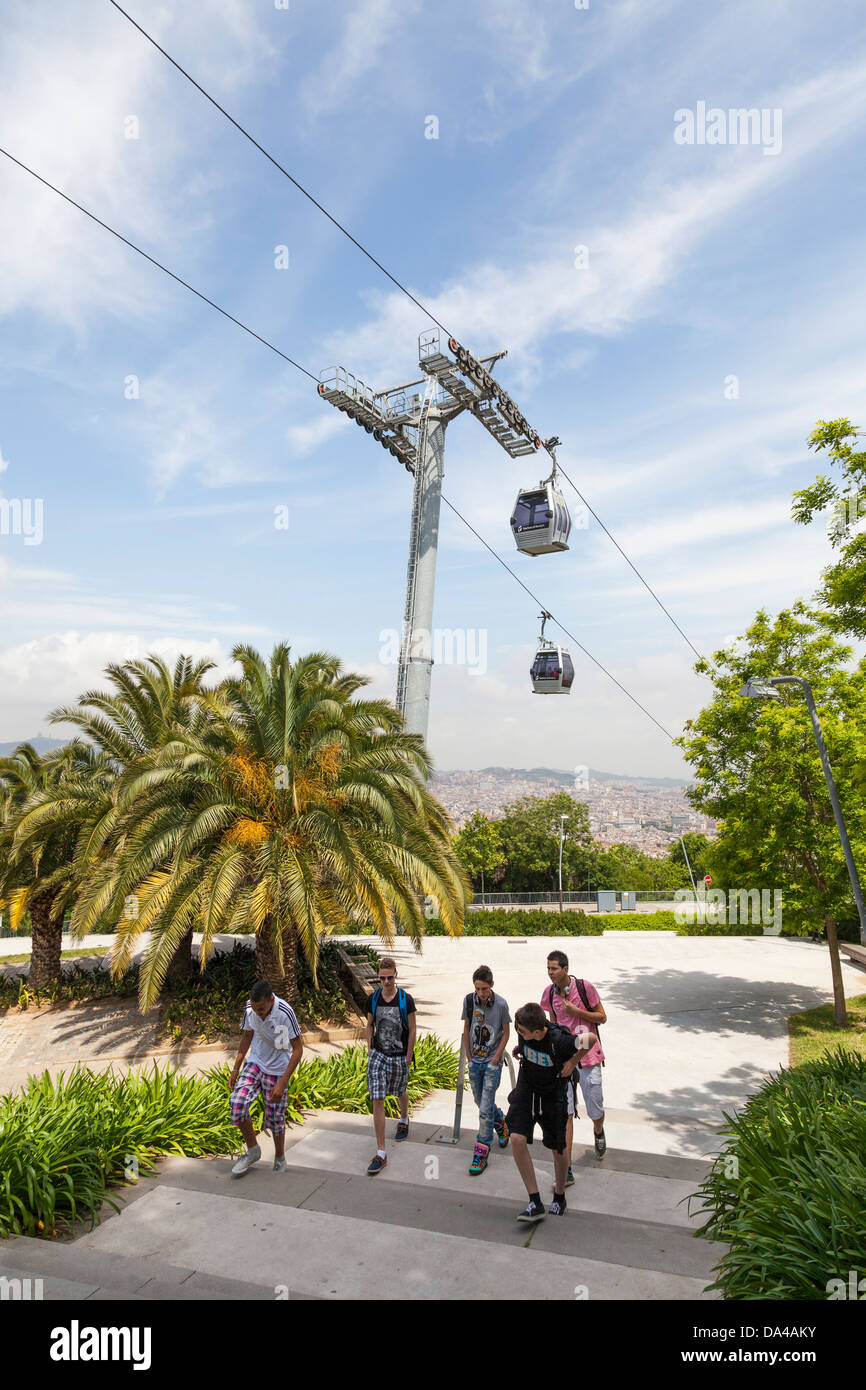 Tourists walking under Montjuic cable car tower Barcelona panorama ...
