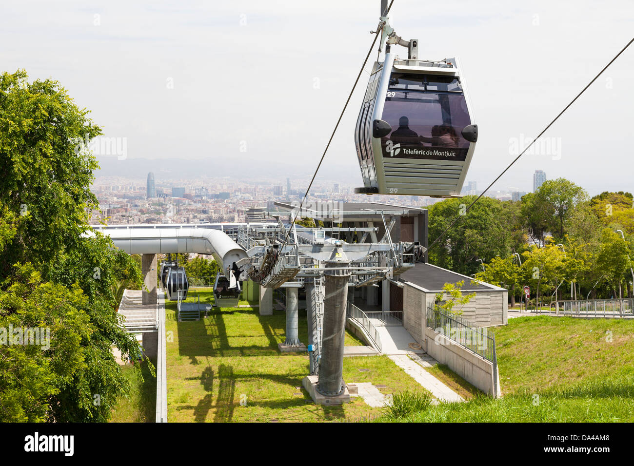The Montjuic cable car leaving station al Mirador halfway up Stock