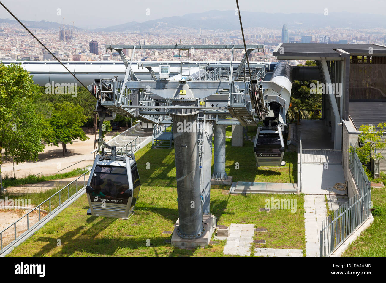 The Montjuic cable car leaving station al Mirador halfway up Stock ...
