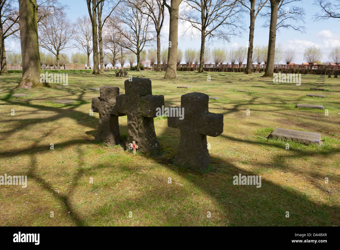 Stone crosses Langemark German War Cemetery, Flanders, Belgium. Stock Photo
