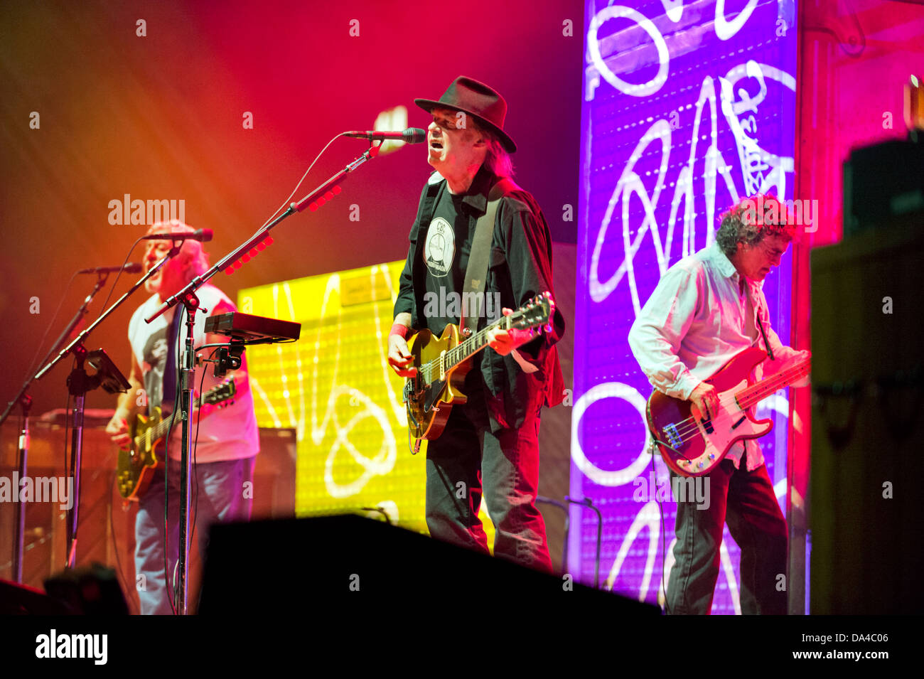Neil Young and Crazy Horse (Frank Sampedro, guitar, Billy Talbot, bass) in concert at the NEC Birmingham UK, 11 June 2013 Stock Photo