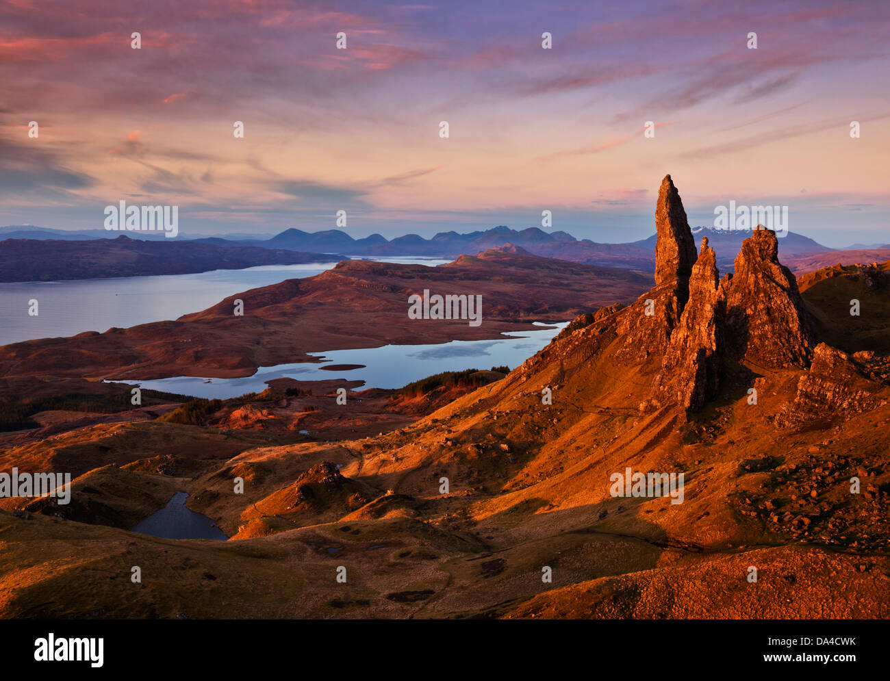 Scotland Landscape The Old Man of Storr at dawn sunrise Trotternish peninsula Isle of Skye Highlands Scotland UK GB Europe Stock Photo