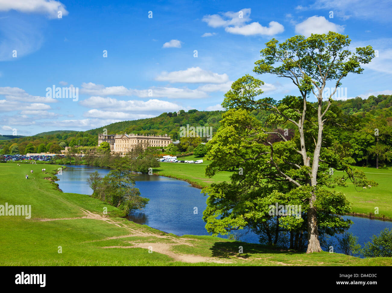 Chatsworth House park with river Derwent parkland and woods Derbyshire, England, UK, GB, EU, Europe Stock Photo