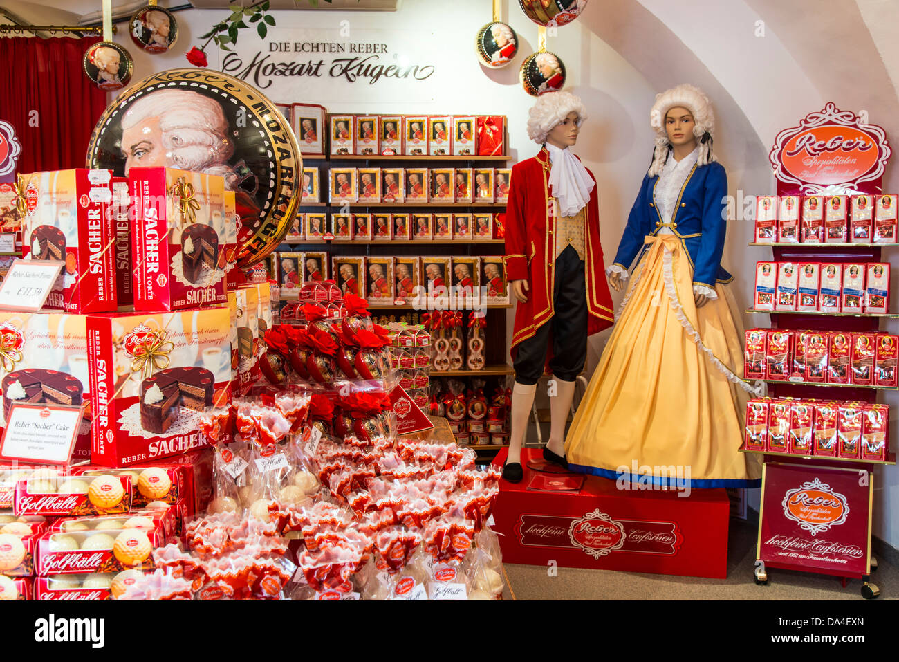 Interior view of Echten Reber Mozart Kugeln confectionery shop in Alter Markt Square, Salzburg, Austria Stock Photo