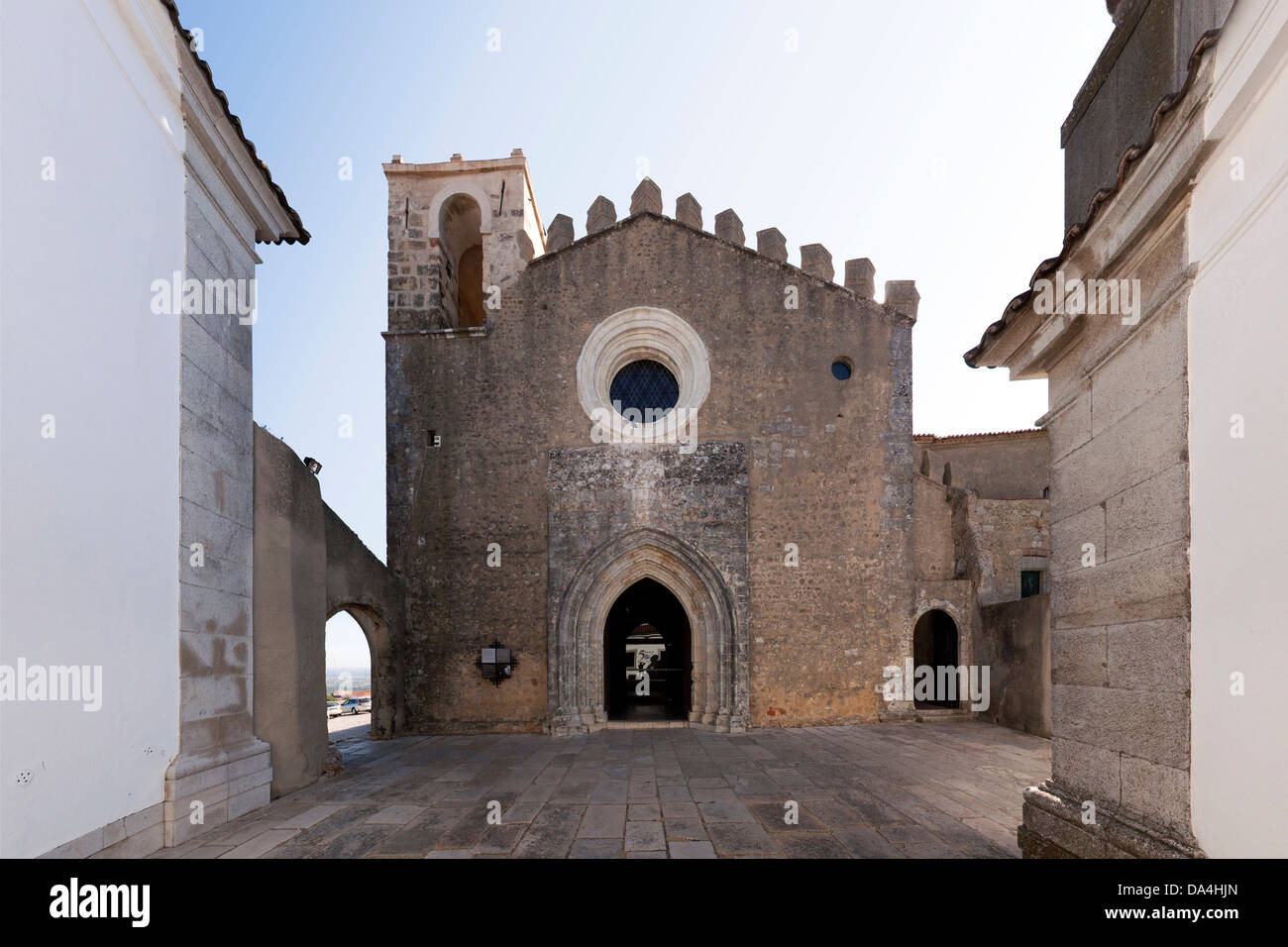 Santiago Church facade, inside the Palmela Castle. Palmela, Setubal District, Portugal. Stock Photo