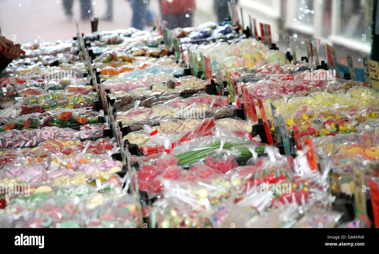 Colorful candy stall in Hertford Market, Hertfordshire, United Kingdom
