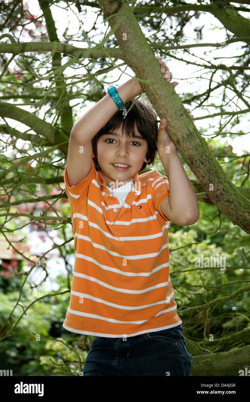 Portrait of smiling brunette boy climbing tree Stock Photo