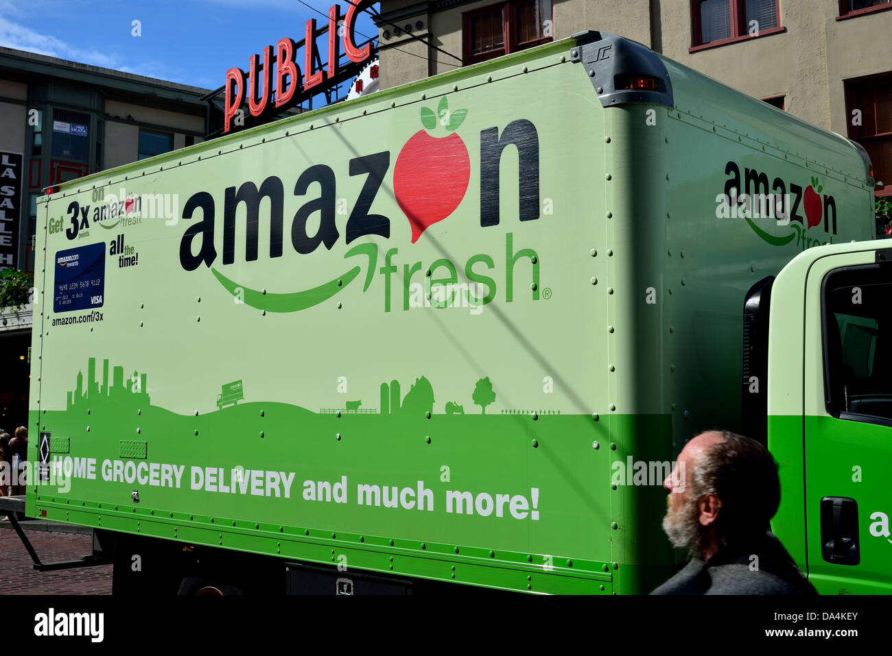 Amazon truck delivers fresh produce. Seattle, Washington, USA Stock