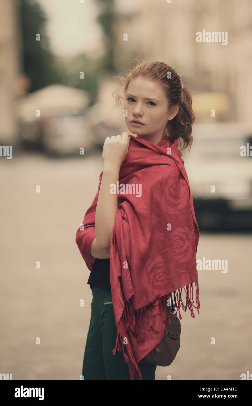 young beautiful red haired girl urban portrait Stock Photo Alamy