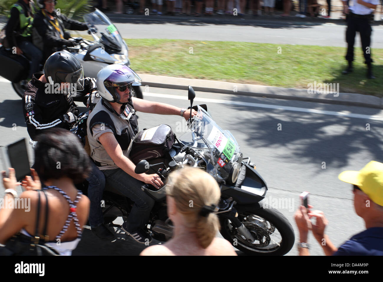 Motorcycle camera crew following the Tour de France 2013 through Antibes in  the south of France Stock Photo - Alamy