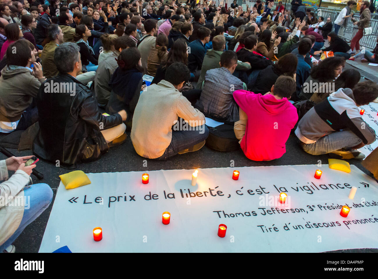 Pa-ris, France. Crowd of People, Sitting From Behind, Far Right Conservative Group 'Les Vielleurs' Demonstration Anti-Gay Marriage, Occupy, different cultures religion, sit in, politics religion Stock Photo