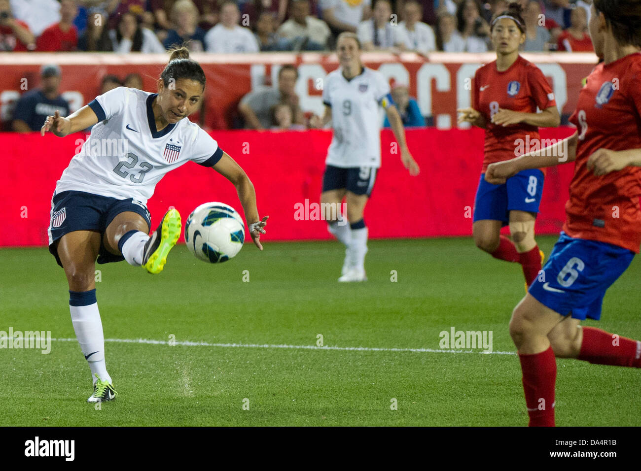 June 20, 2013 - Harrison, N.J, U.S - June 20, 2013: US Women's National Team forward Christen Press (23) takes a shot during the U.S. Women vs. Korean Republic- International Friendly at Red Bull Arena - Harrison, N.J. The US Women's National Team defeated The Korea Republic 5-0. Stock Photo