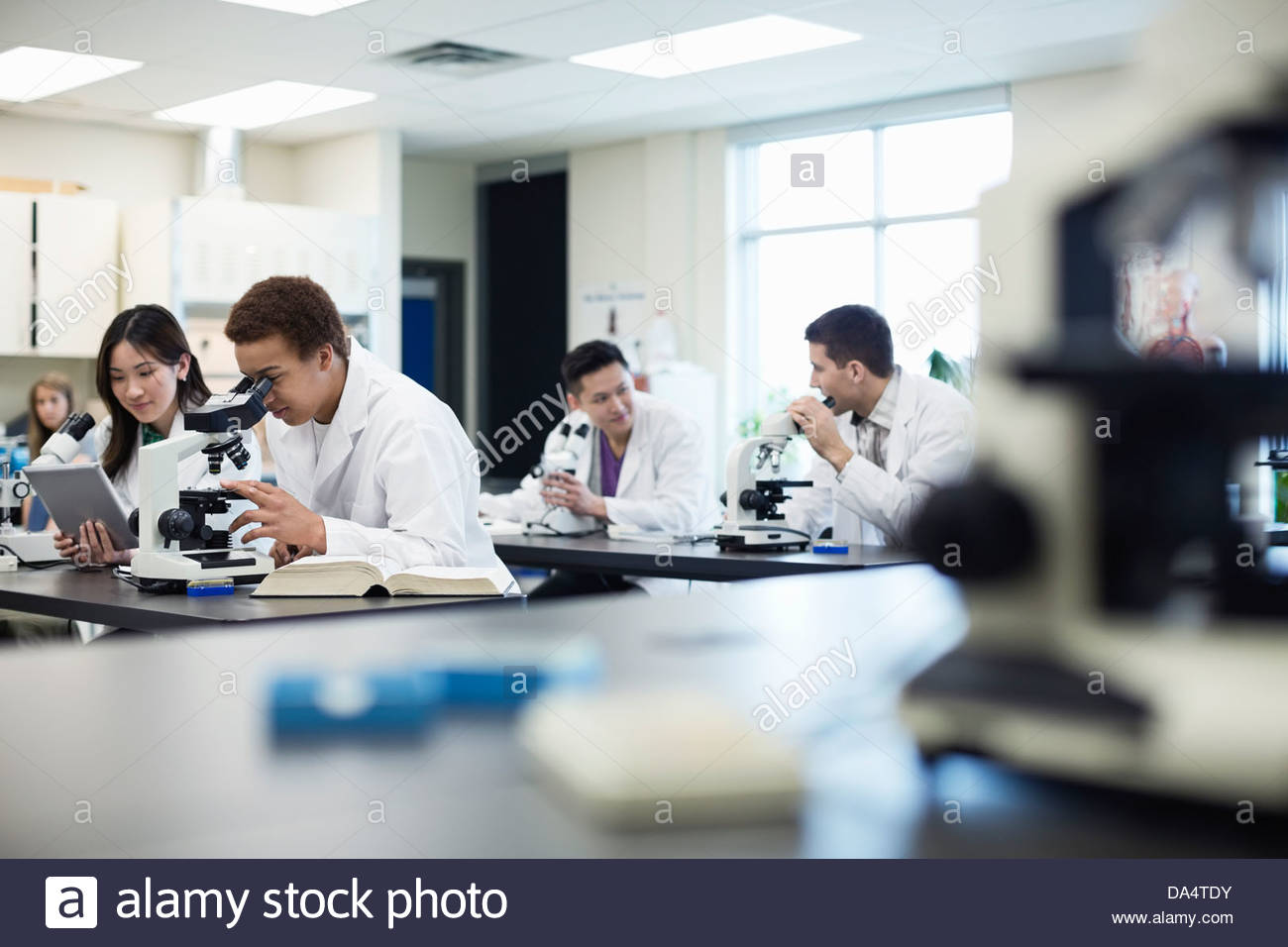 Students using microscopes in college science lab Stock Photo Alamy