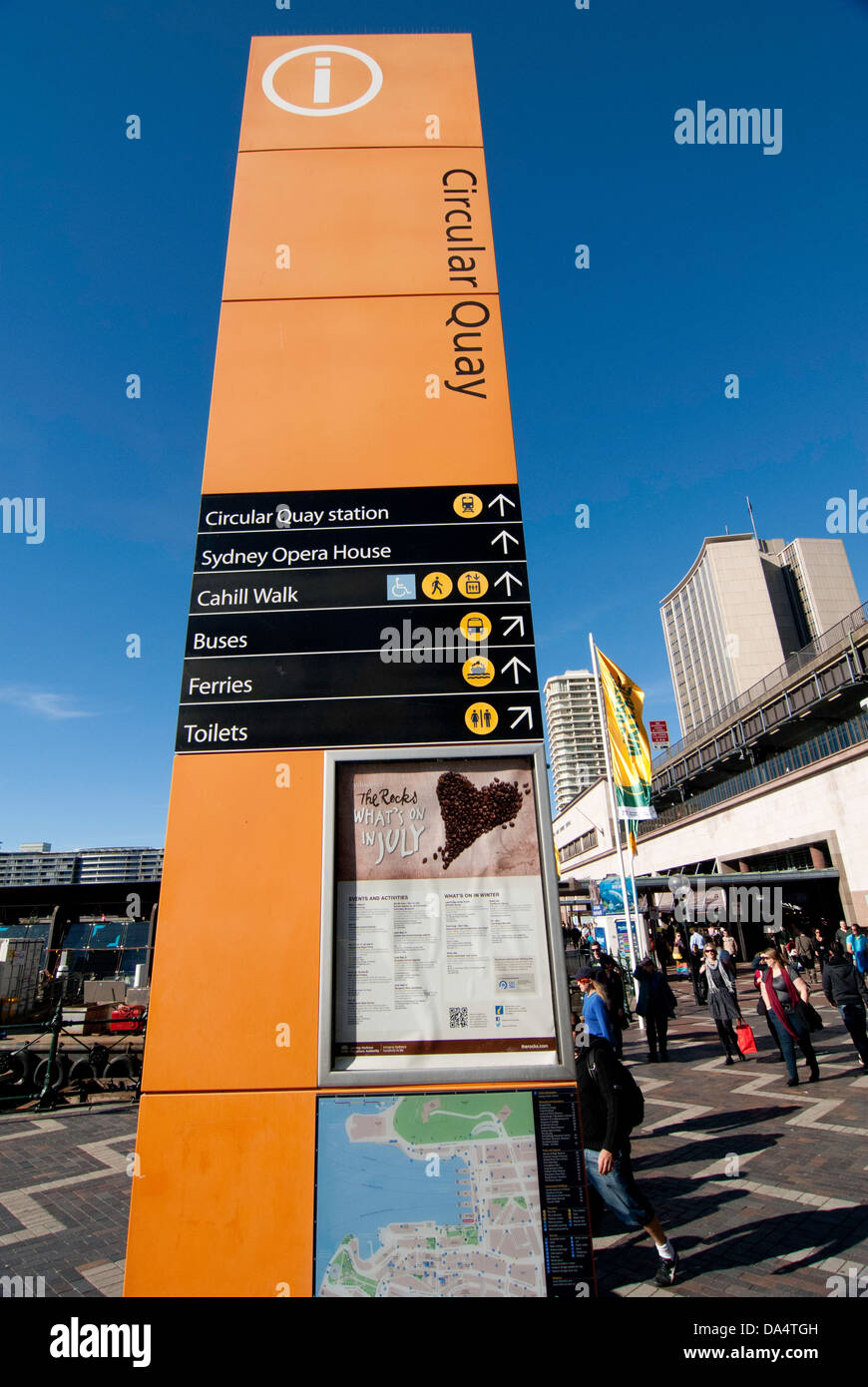 A directional information sign at Circular Quay, next to First Fleet Park, Sydney, Australia Stock Photo