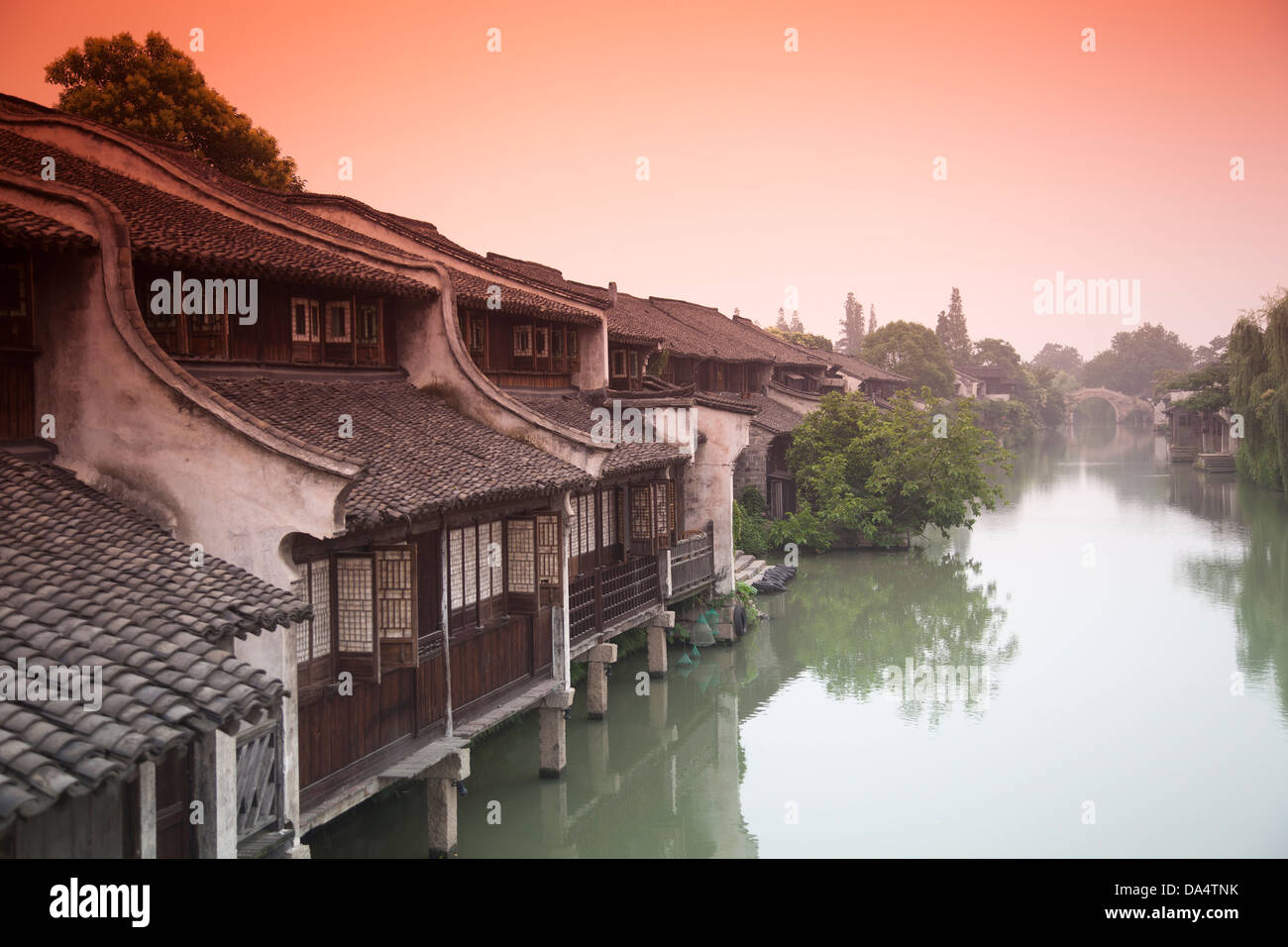 China, Wuzhen, Xizha Scenic Zone, Xishi River Scene at dusk Stock Photo