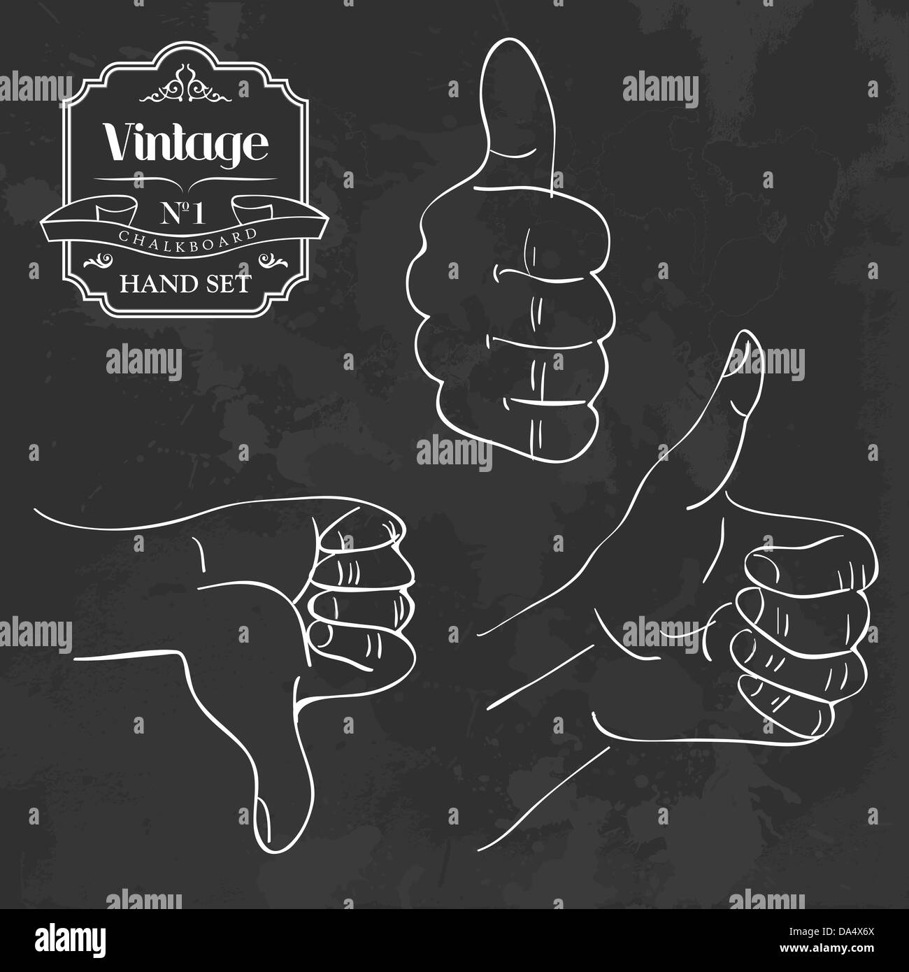 Retro blackboard OK thumb up and down hand gesture set. Vector illustration layered for easy manipulation and custom coloring. Stock Photo