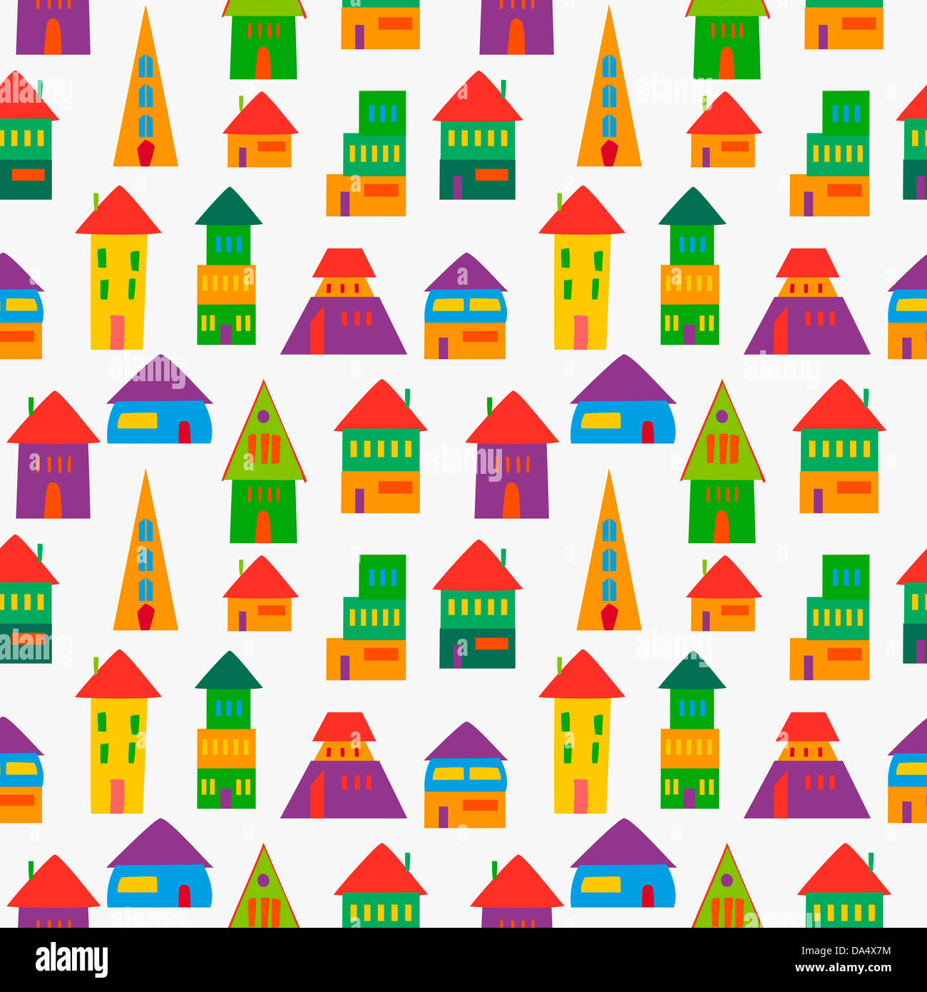 Trendy multicolored cute houses seamless pattern. This illustration is layered for easy manipulation and custom coloring. Stock Photo