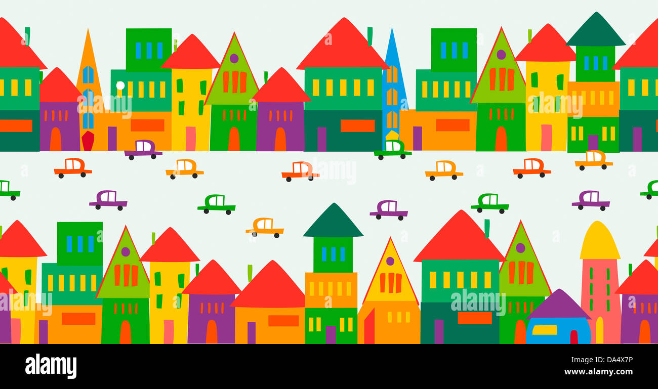 Trendy town seamless pattern design. This illustration is layered for easy manipulation and custom coloring. Stock Photo