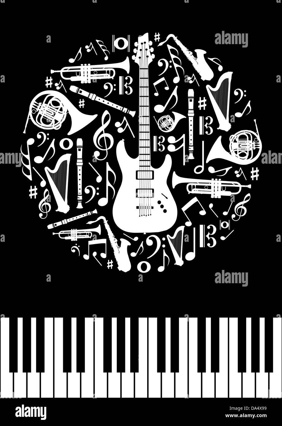 Music concept circle shape with instrument silhouettes in black background. Vector illustration layered for easy manipulation and custom coloring. Stock Photo