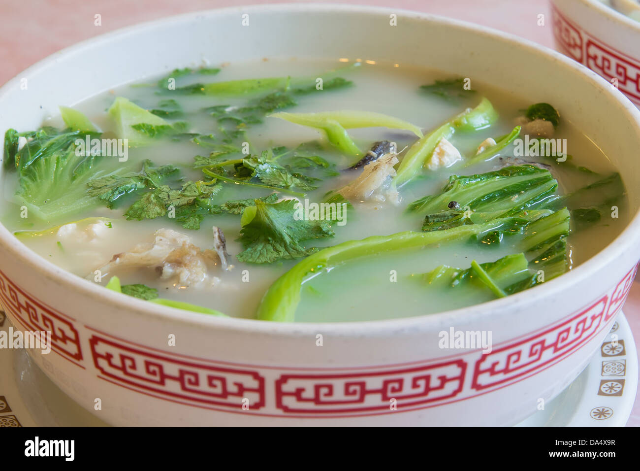 Fish Head Soup with Chinese Vegetable Parsley Tofu and Cilantro Closeup