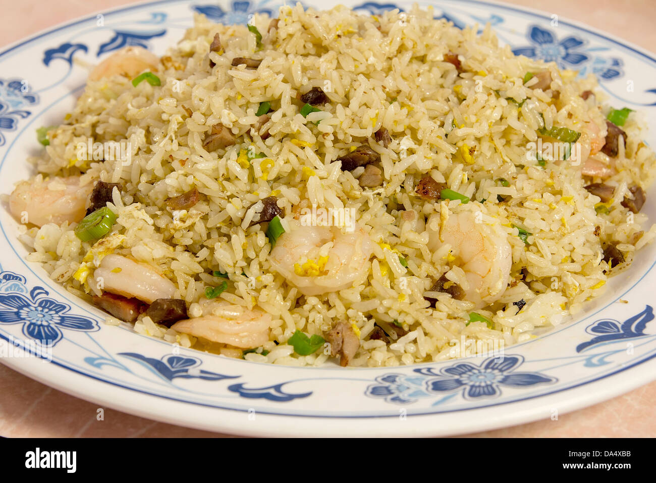 Chinese Yang Chow Fried Rice with Eggs Barbeque Pork and Shrimp Closeup
