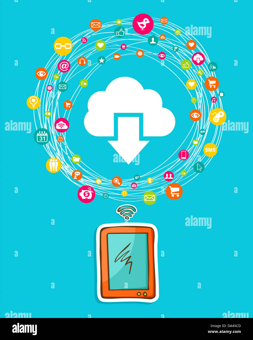 Cloud computing network diagram with hand drawn smartphone. Vector ...