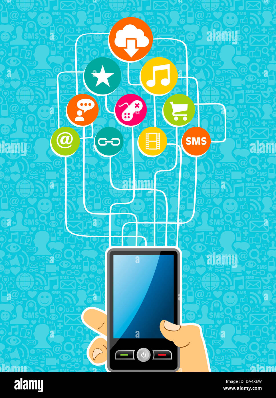 Cloud computing network diagram with smart phone in hand. Vector ...