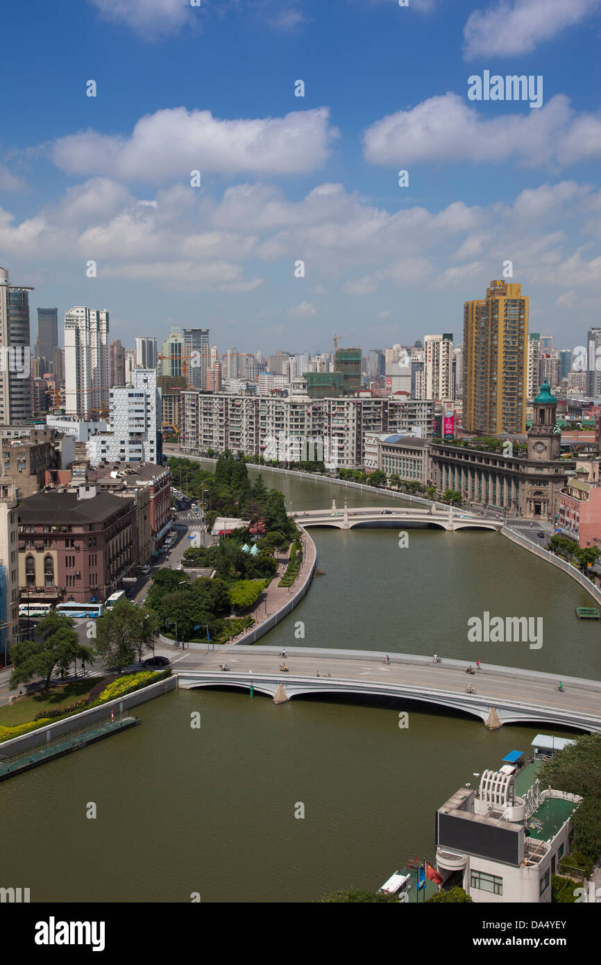China, Shanghai, Skyline, Puxi, Huangpu River, Suzhou Creek Stock Photo