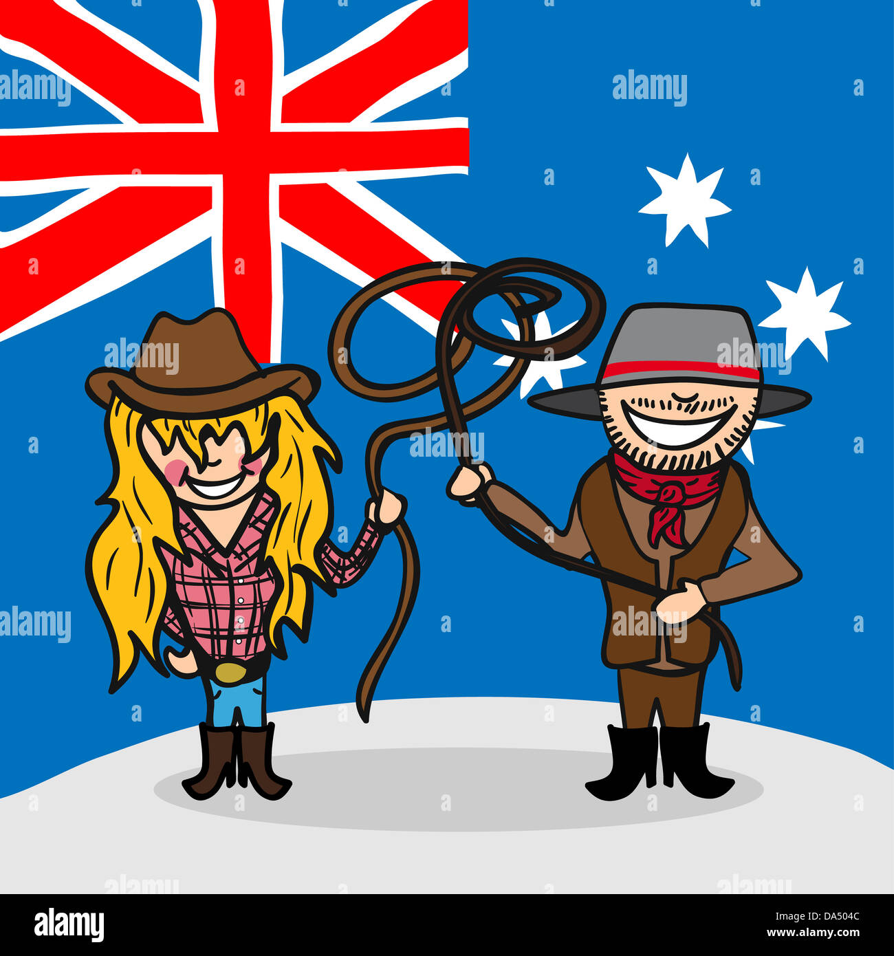 Australian man and woman cartoon couple with national flag background. Vector illustration layered for easy editing. Stock Photo