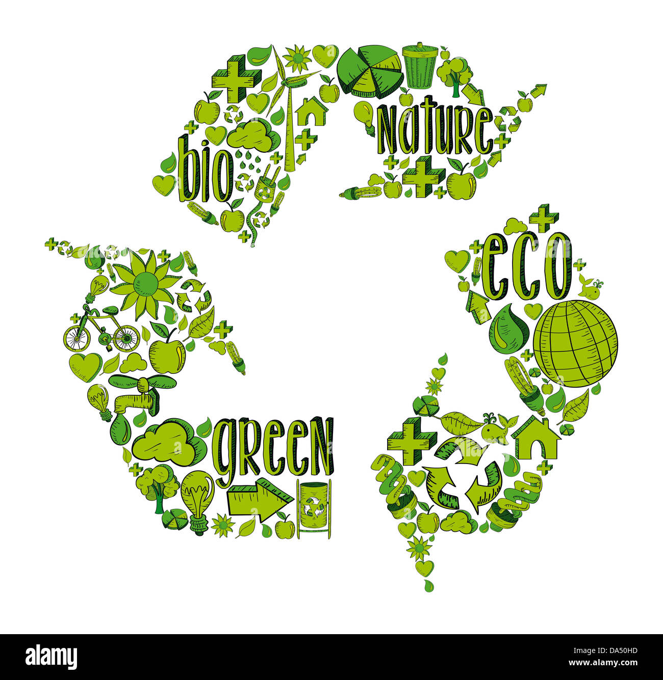 Recycle symbol with environmental green hand drawn icons. This illustration is layered for easy manipulation and custom coloring Stock Photo