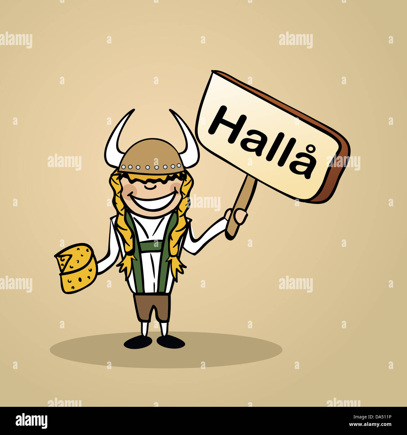 Trendy swedish man says Hello holding a wooden sign sketch. Vector file illustration layered for easy editing. Stock Photo