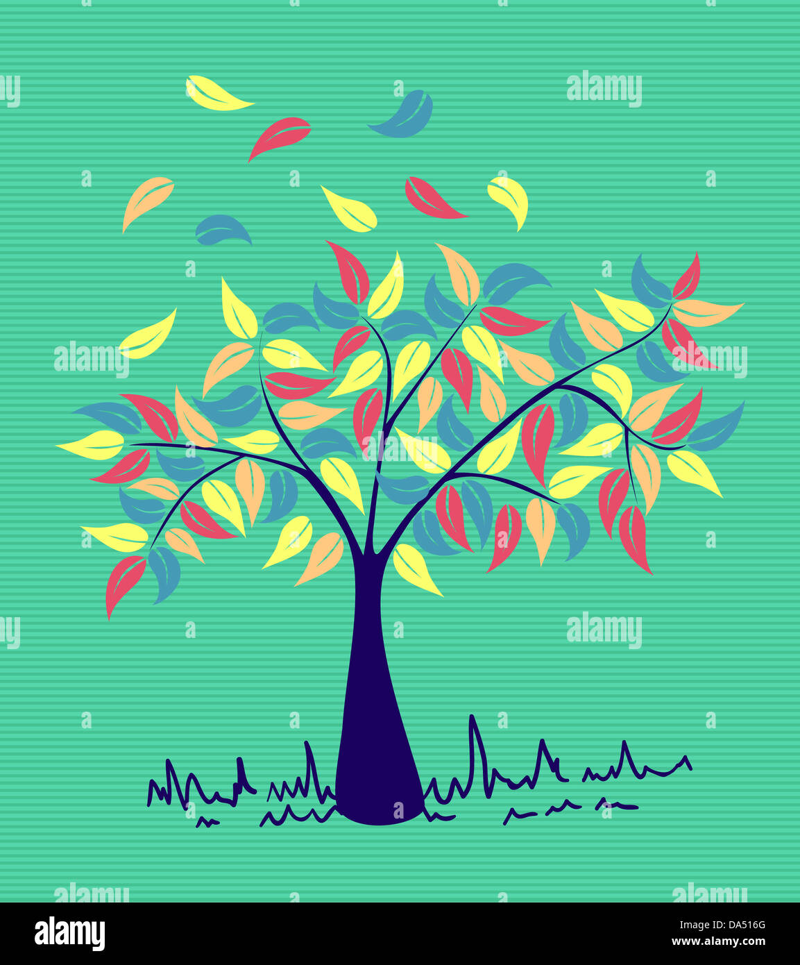Colorful branches leaf tree with stripes background design. Vector file layered for easy manipulation and custom coloring. Stock Photo