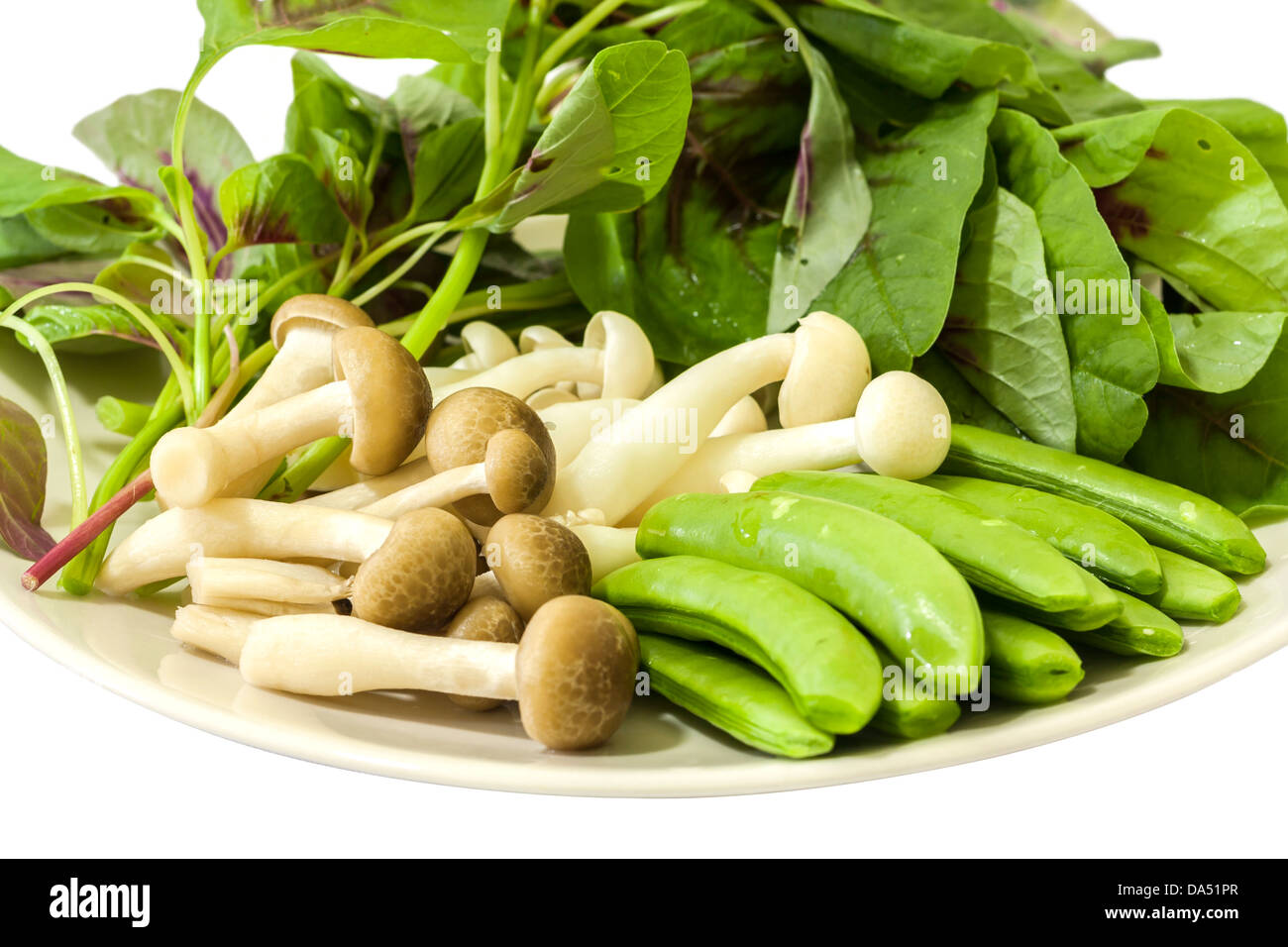 Japanese shimeji mushroom, Spring peas and Chinese spinach display in a white plate ready to cook Stock Photo