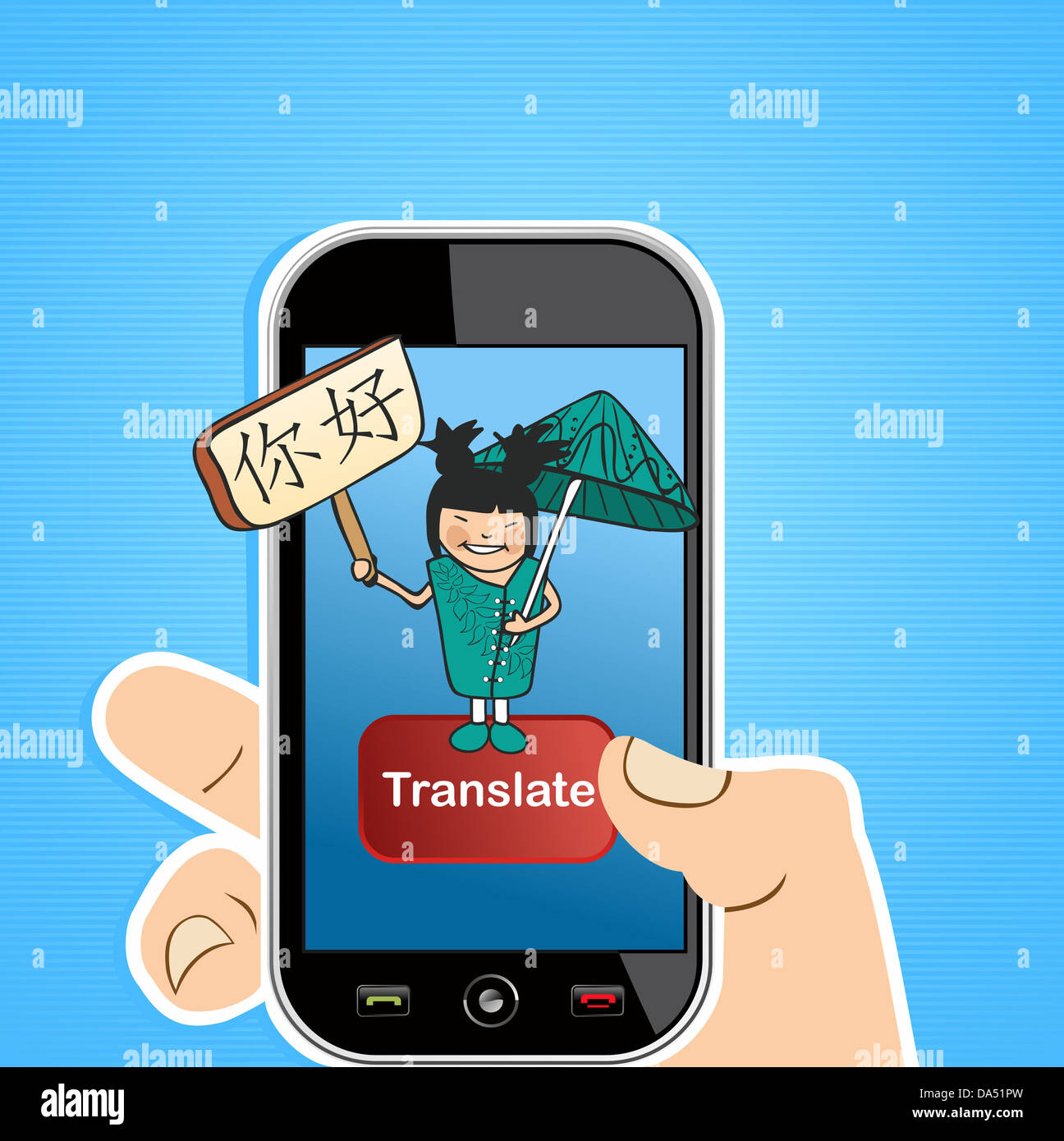 Hand with mobile device using an online Chinese translation app. Vector