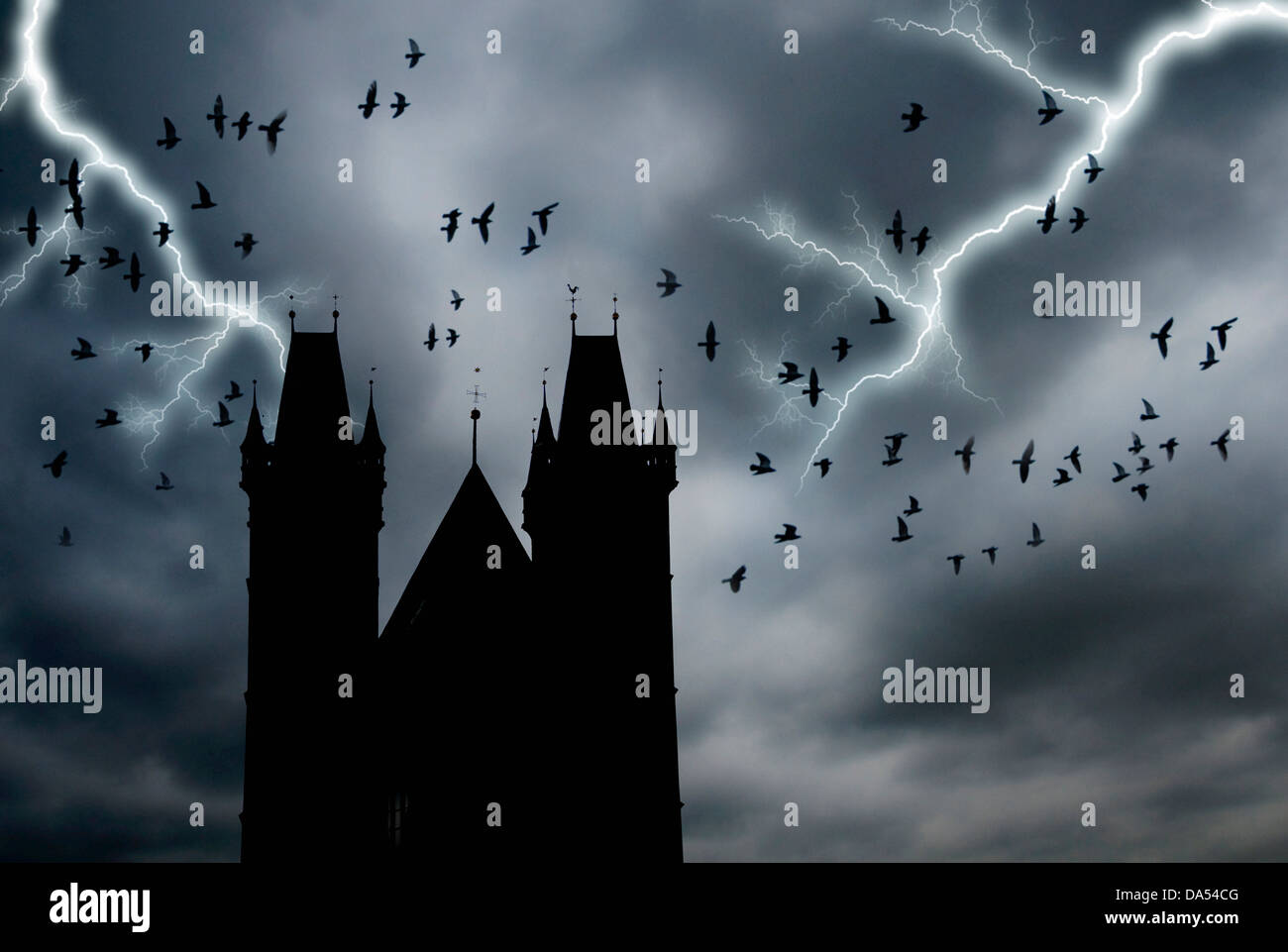 Gothic towers and crows flying Stock Photo